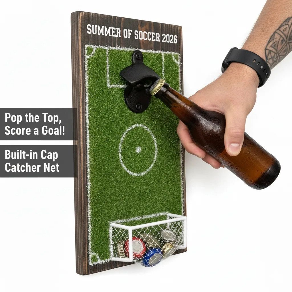 Wall-Mounted Soccer Field Bottle Opener with Goal Net Catcher view 2