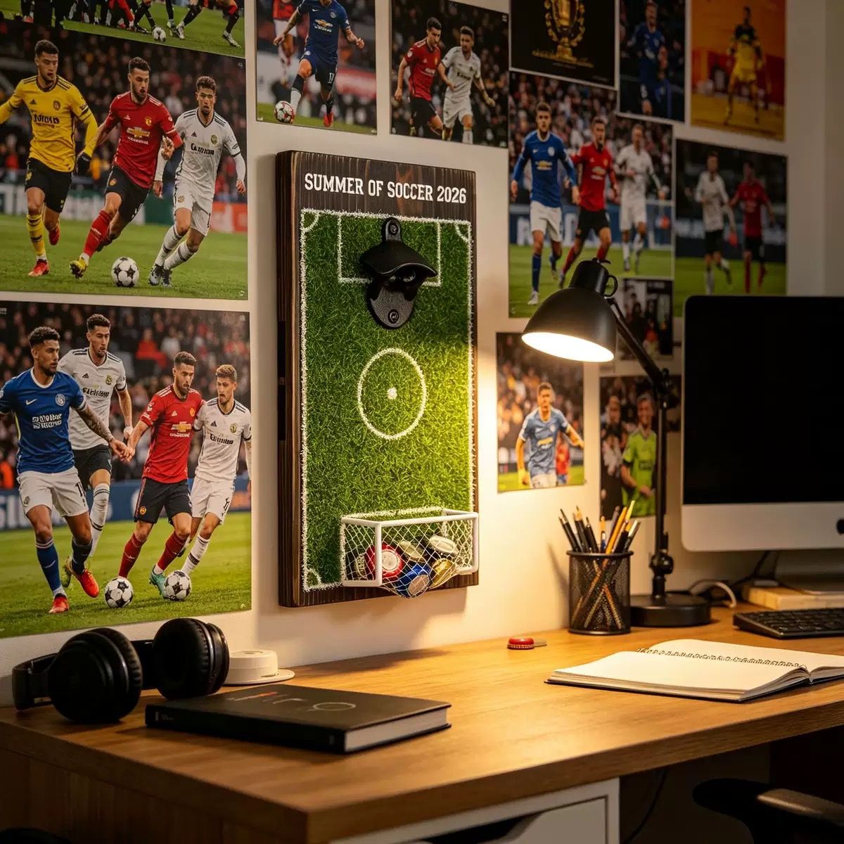 Wall-Mounted Soccer Field Bottle Opener with Goal Net Catcher view 5