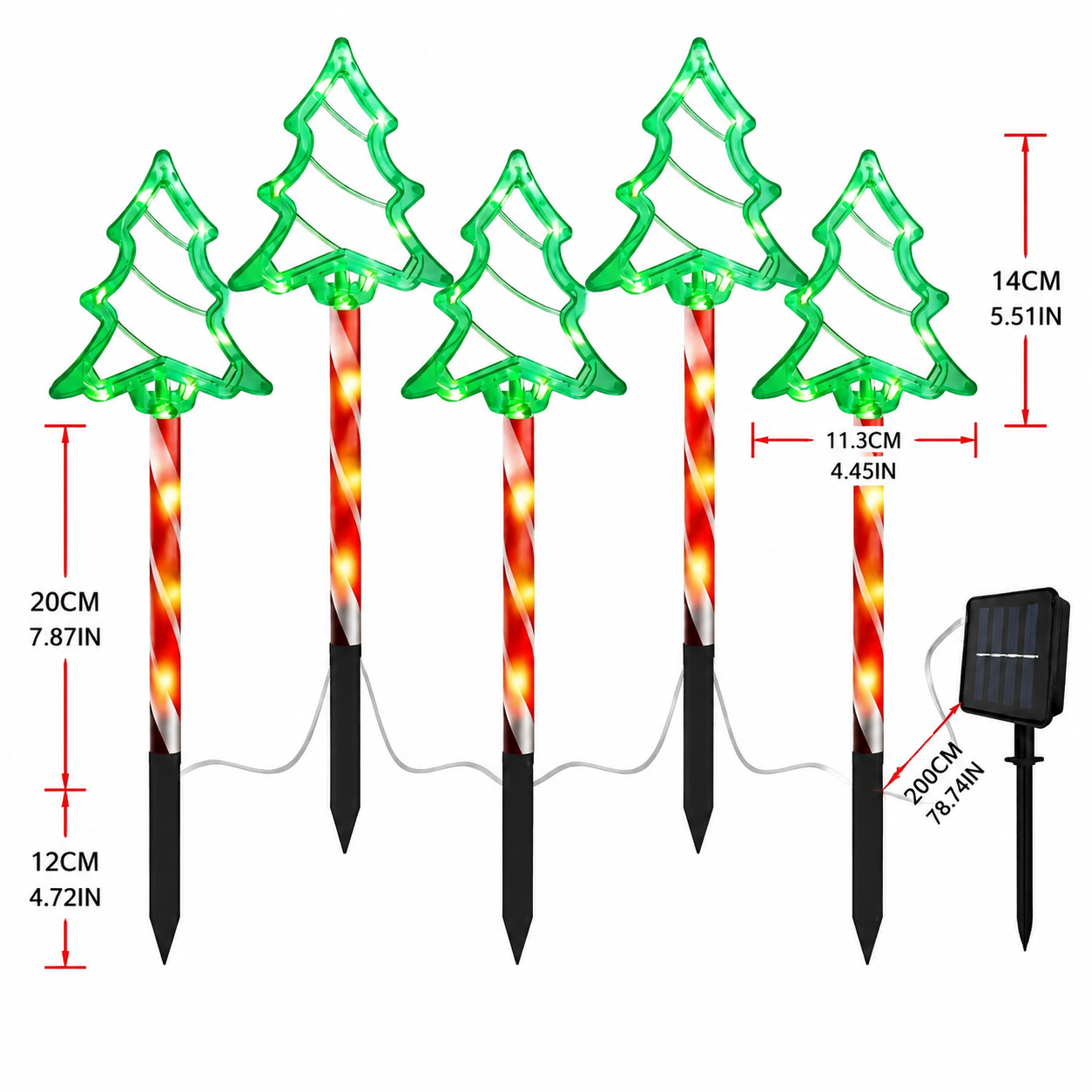 Solar-Powered Christmas Tree Stake Lights with Red-White Spiral Poles view 2