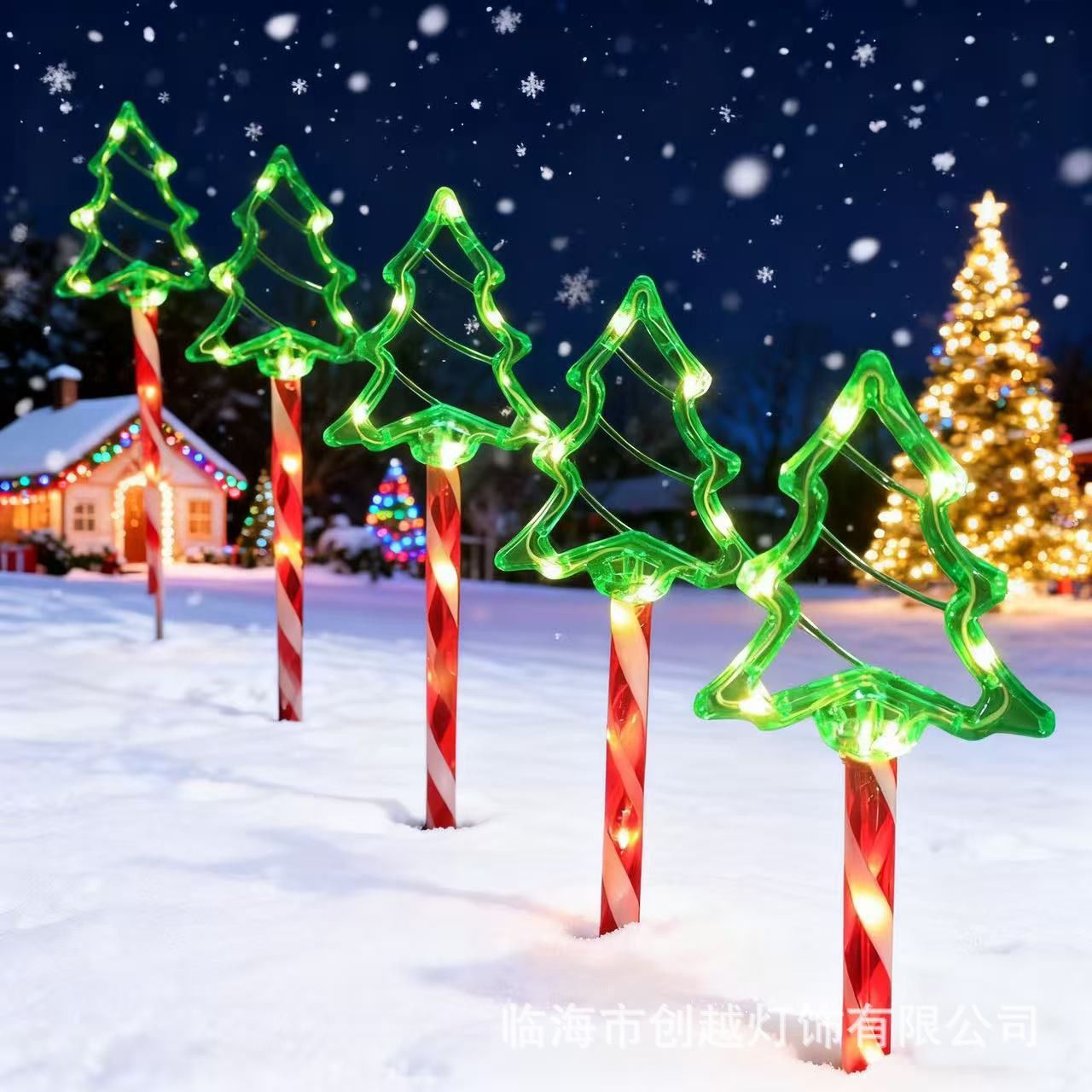 Solar-Powered Christmas Tree Stake Lights with Red-White Spiral Poles view 3