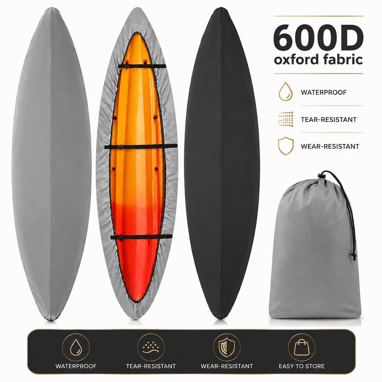 Heavy-Duty 600D Oxford Kayak Cover Waterproof UV-Resistant Canoe Protector — image 1