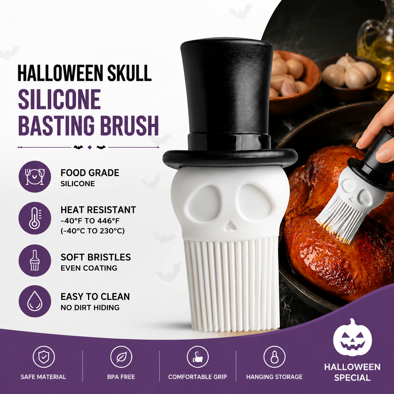 Skeleton Top Hat Silicone Basting Brush – Whimsical Halloween Kitchen Tool for view 2