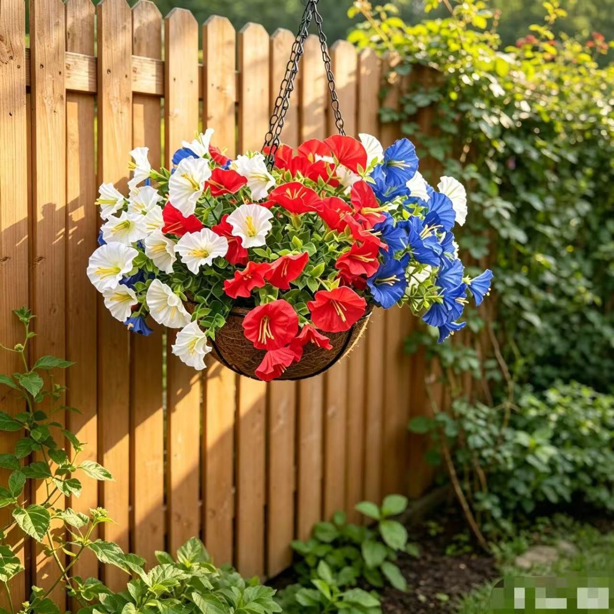 Artificial Petunia Hanging Flower Arrangement Red White Blue Flowers Outdoor view 2