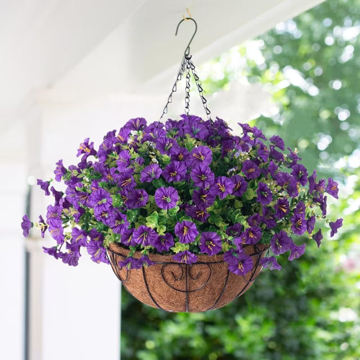 Artificial Petunia Hanging Flower Arrangement Red White Blue Flowers Outdoor view 11
