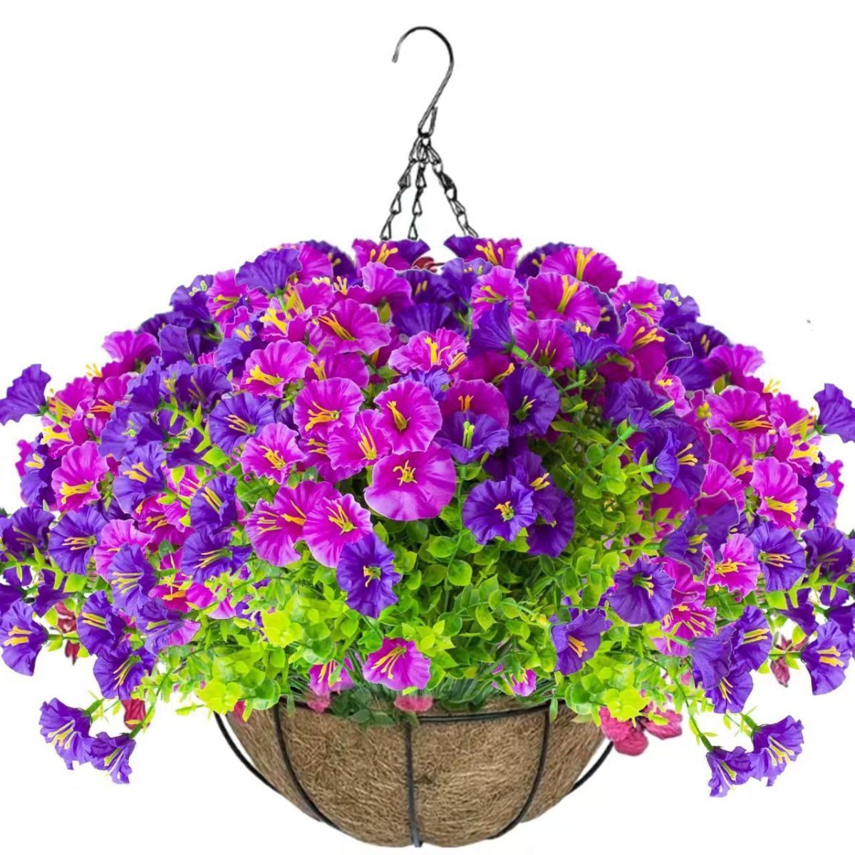 Artificial Petunia Hanging Flower Arrangement Red White Blue Flowers Outdoor view 13