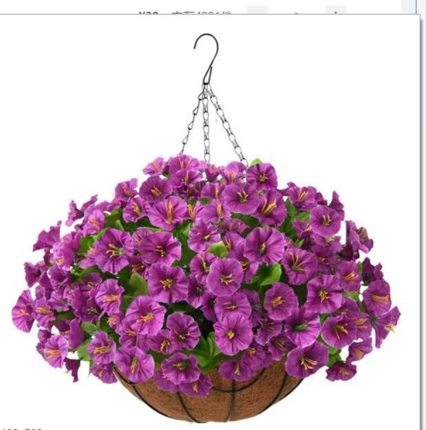 Artificial Petunia Hanging Flower Arrangement Red White Blue Flowers Outdoor view 2