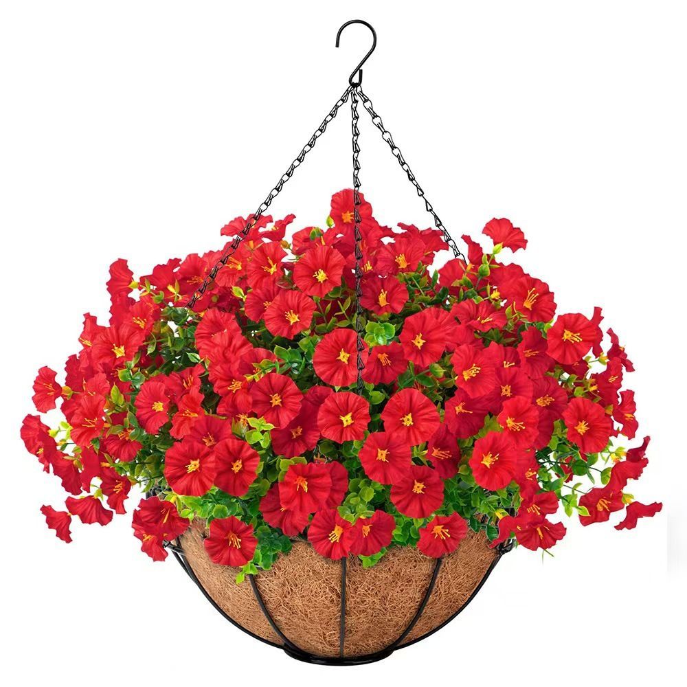 Artificial Petunia Hanging Flower Arrangement Red White Blue Flowers Outdoor view 6