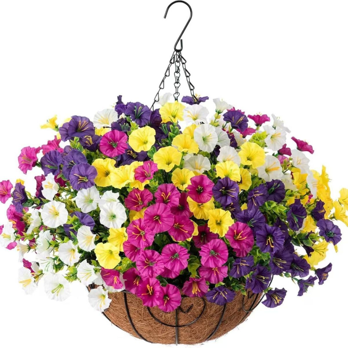 Artificial Petunia Hanging Flower Arrangement Red White Blue Flowers Outdoor view 12