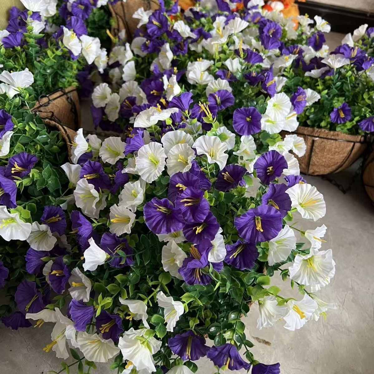 Artificial Petunia Hanging Flower Arrangement Red White Blue Flowers Outdoor view 14