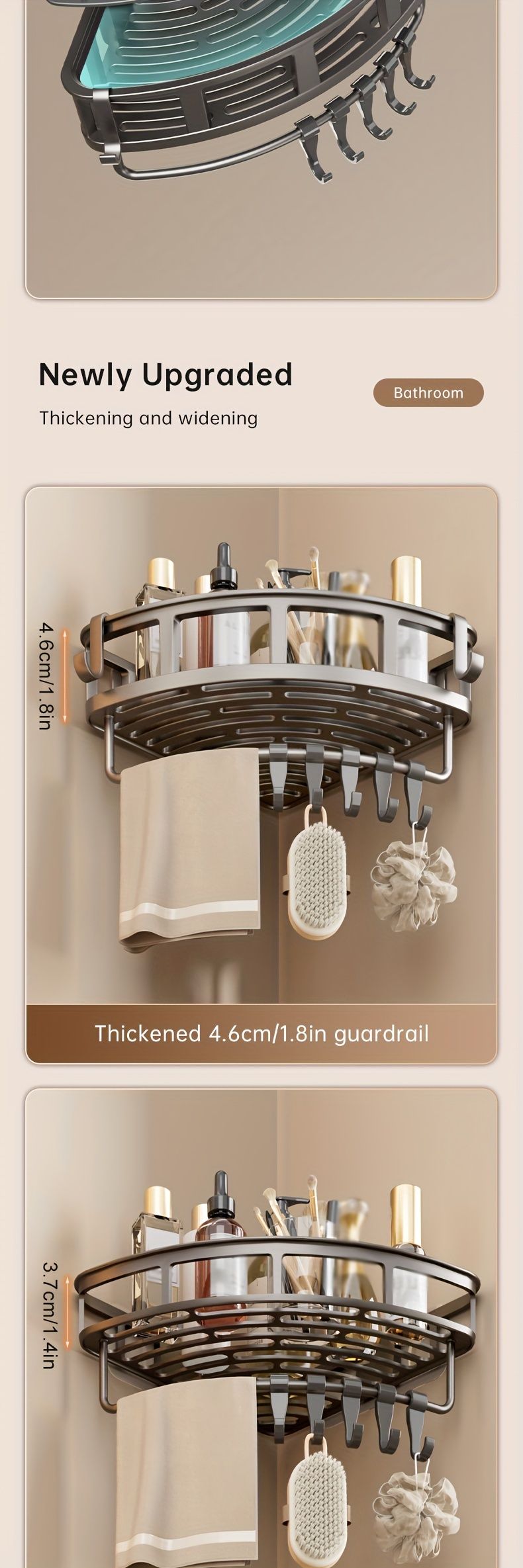 Gray Shower Caddy 3-Tier Corner Caddy Shower Hooks Bathroom Storage Rust-Resistant view 2