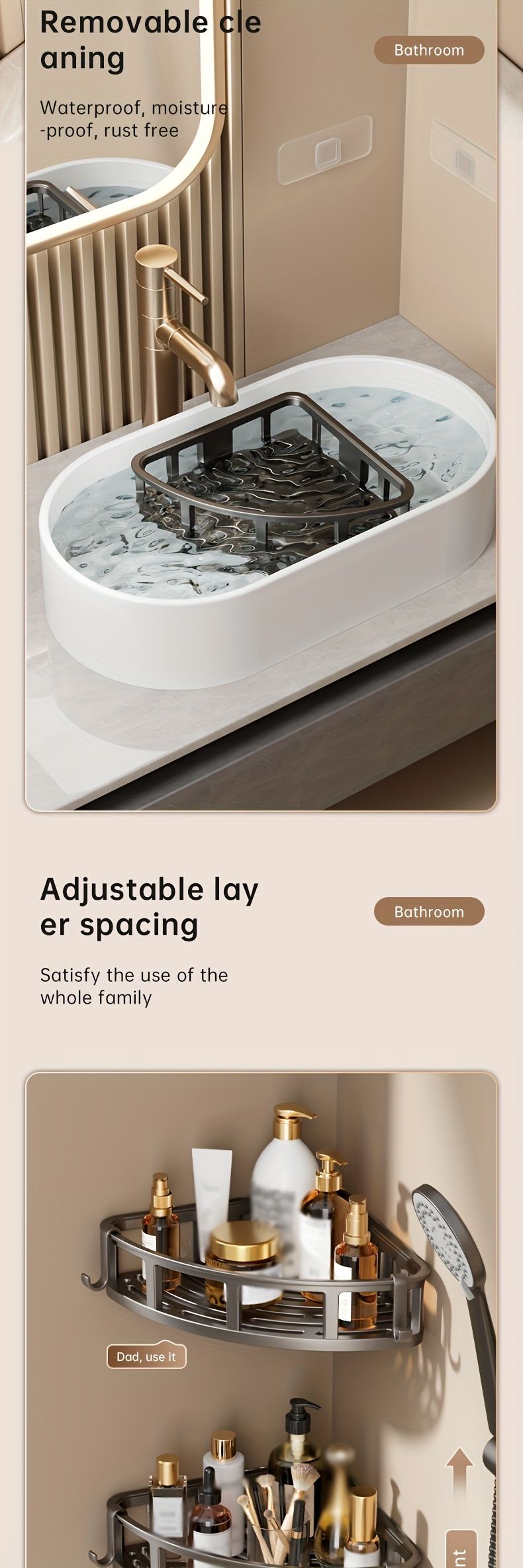 Gray Shower Caddy 3-Tier Corner Caddy Shower Hooks Bathroom Storage Rust-Resistant view 12