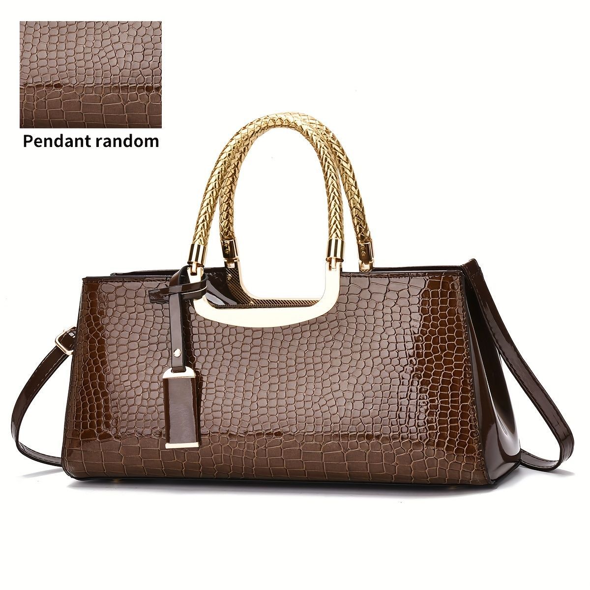Black Tote Bag Patent Croc Embossed Gold Handles Stylish Accessory High view 6