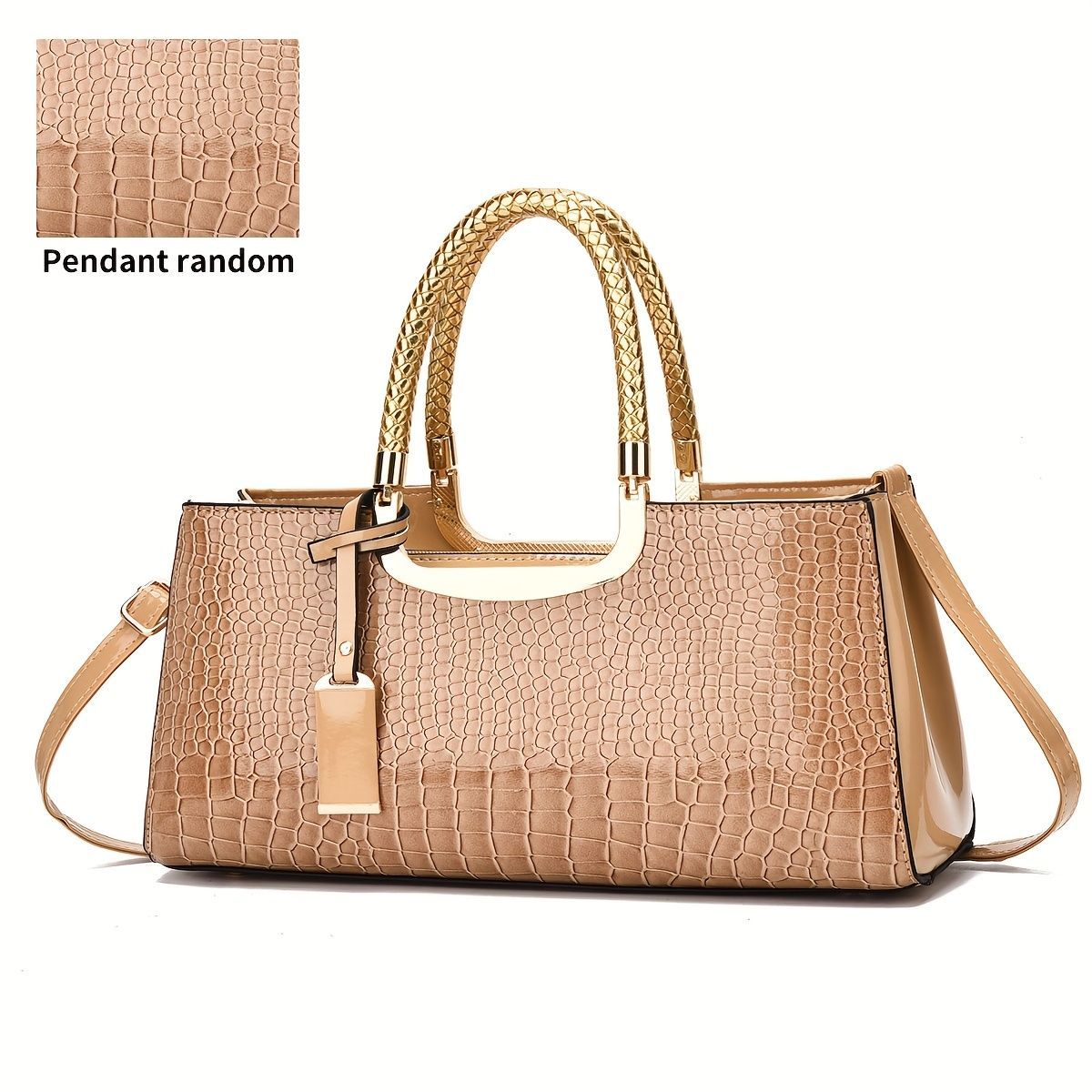 Black Tote Bag Patent Croc Embossed Gold Handles Stylish Accessory High view 7