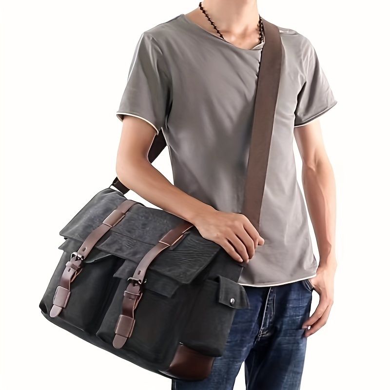 Black Men'S Canvas Messenger Bag Durable Work Bag Laptop Shoulder Bag Australian view 3