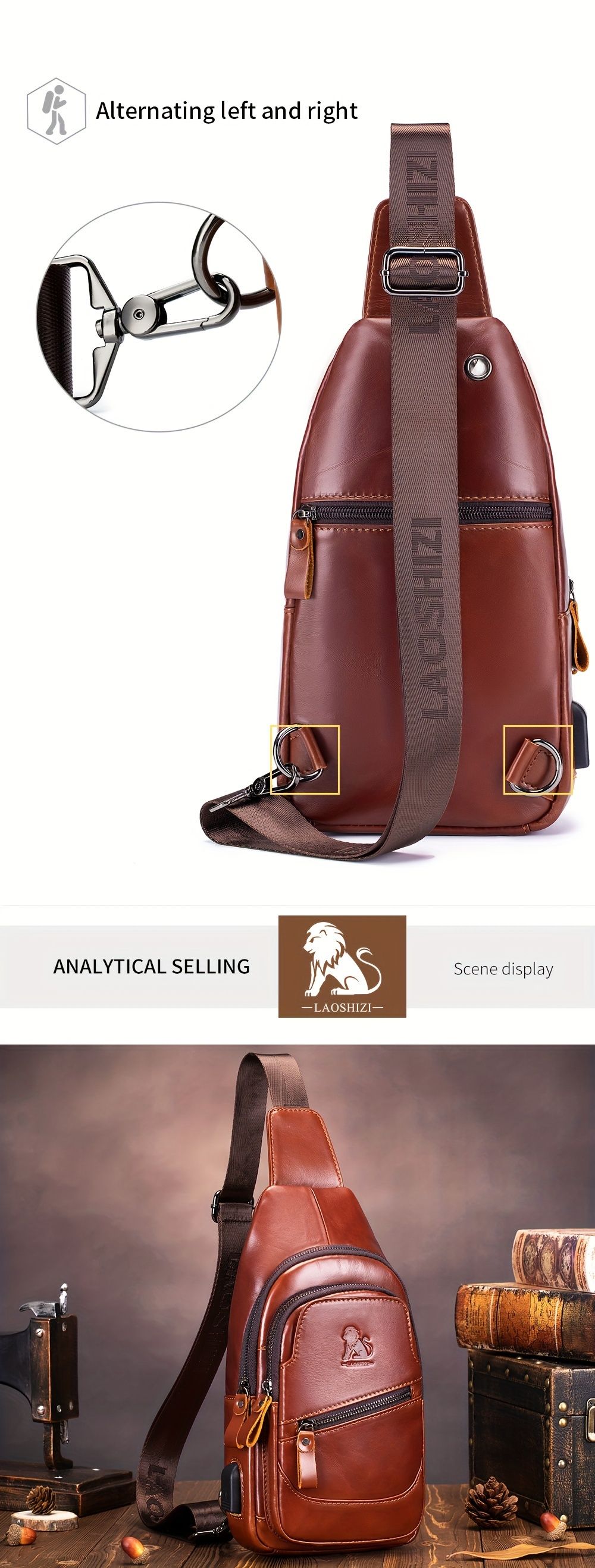 Brown Leather Sling Backpack Top-Grain Cowhide Backpack Travel Sling Bag Stylish view 10