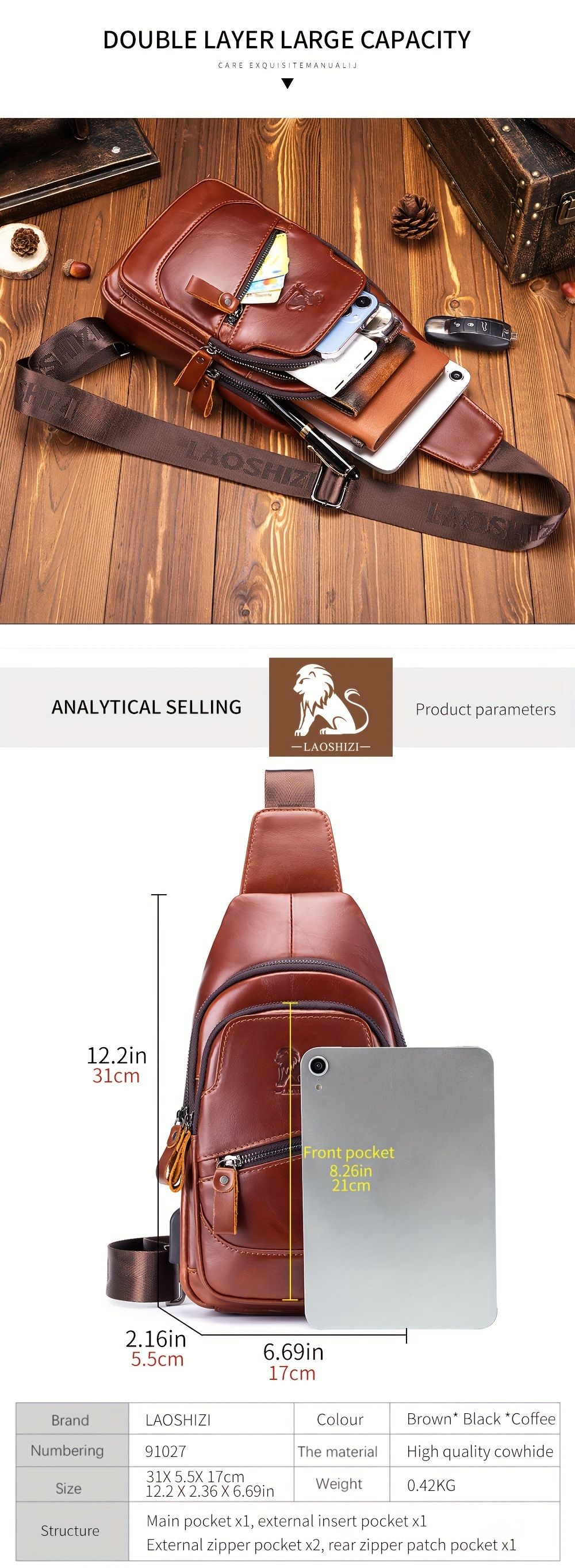 Brown Leather Sling Backpack Top-Grain Cowhide Backpack Travel Sling Bag Stylish view 13