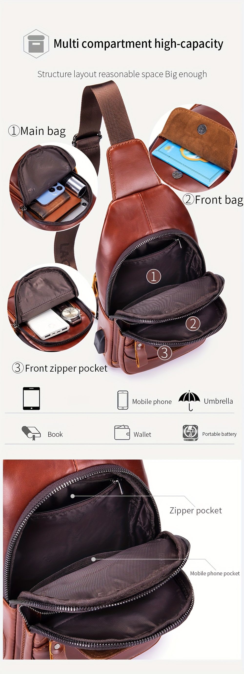 Brown Leather Sling Backpack Top-Grain Cowhide Backpack Travel Sling Bag Stylish view 14