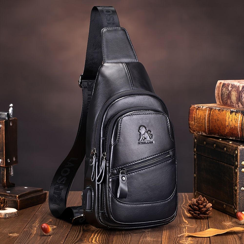 Black Brown Leather Sling Backpack Top-Grain Cowhide Travel Backpack Organized — image 1
