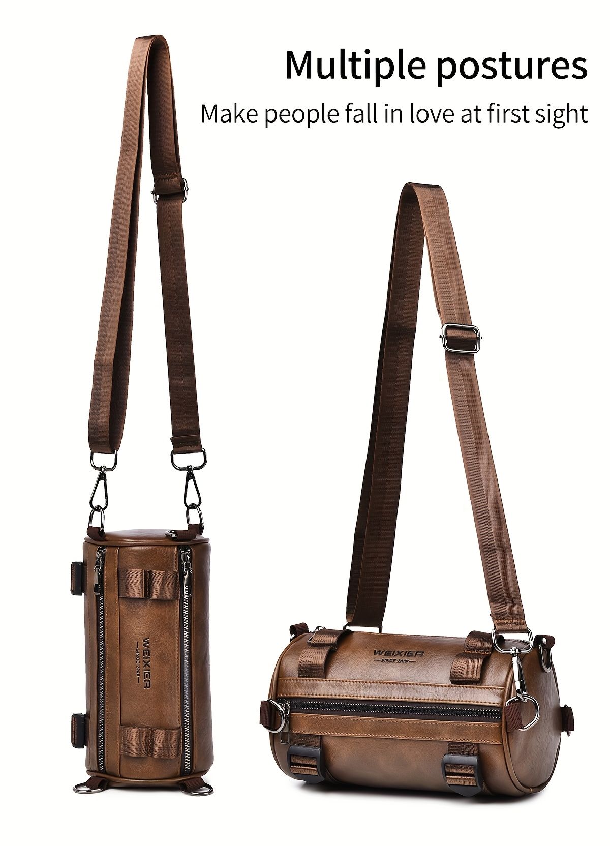 Brown Unisex Cross-Body Bag Travel Bag Leather-Like Bag Adjustable Strap Bag view 12