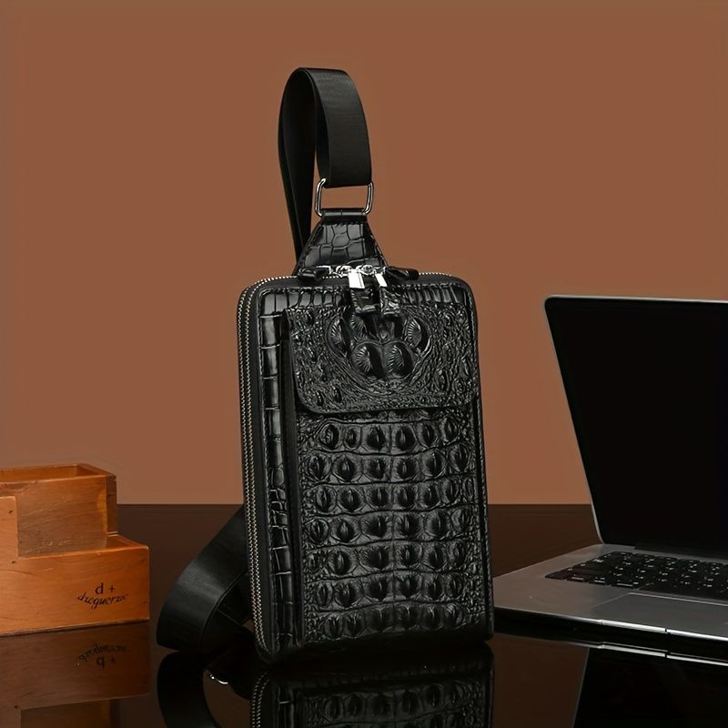Black Gray Men'S Chest Bag Crocodile Embossed Bag Travel Bag Men Adjustable — image 1