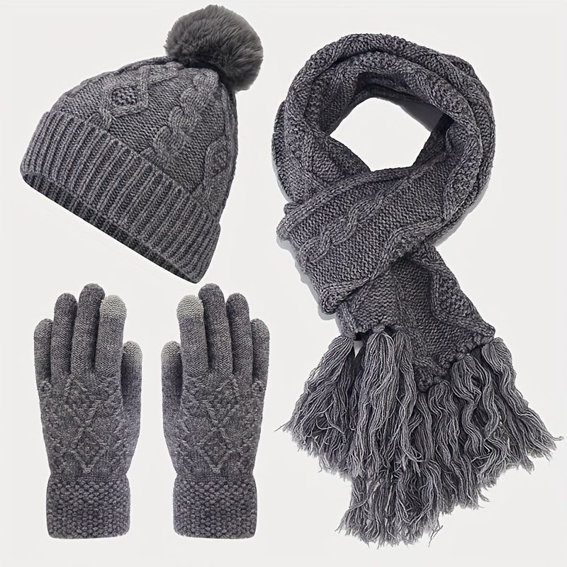 Women'S Winter Accessories Woolen 3 Piece Set Knitted Hat Scarf Touch Screen view 3