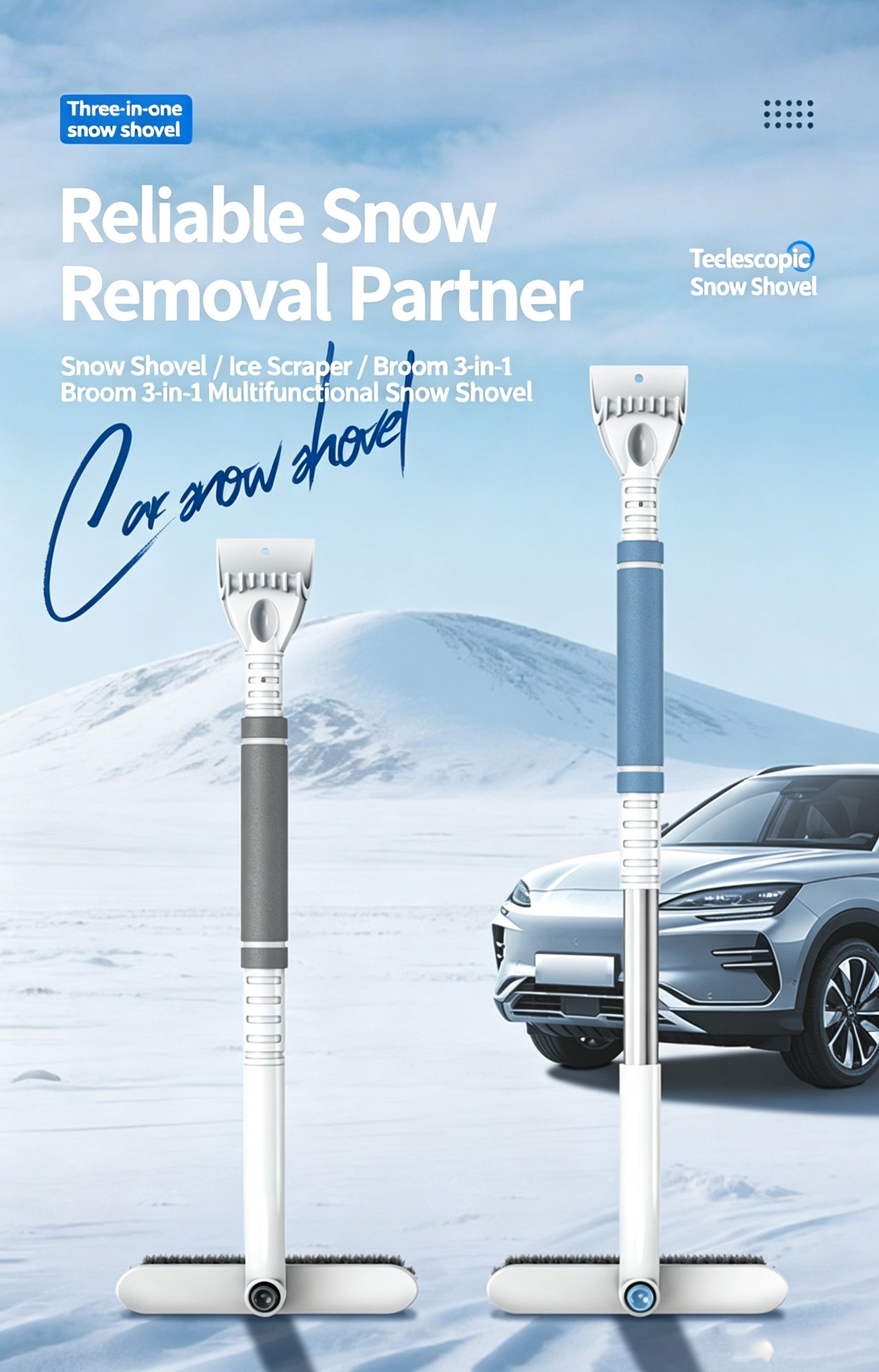 Three-in-One Extendable Car Multi-Function Ice and Frost Removal Shovel,blue view 2
