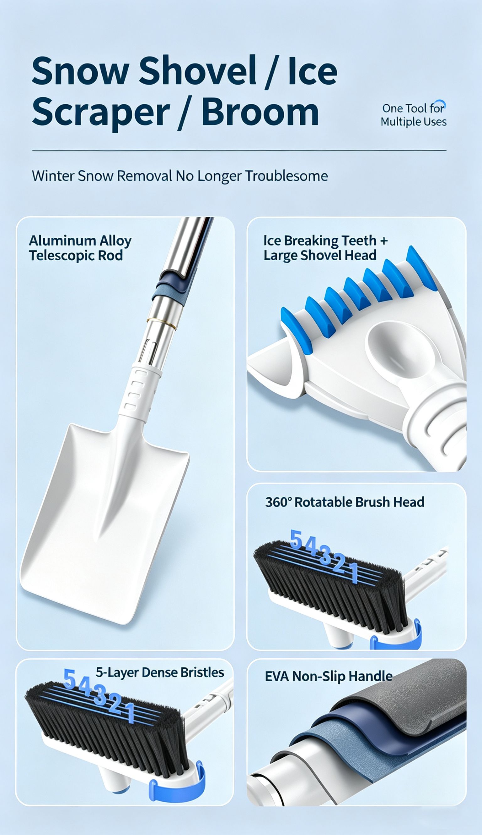 Three-in-One Extendable Car Multi-Function Ice and Frost Removal Shovel,blue view 3