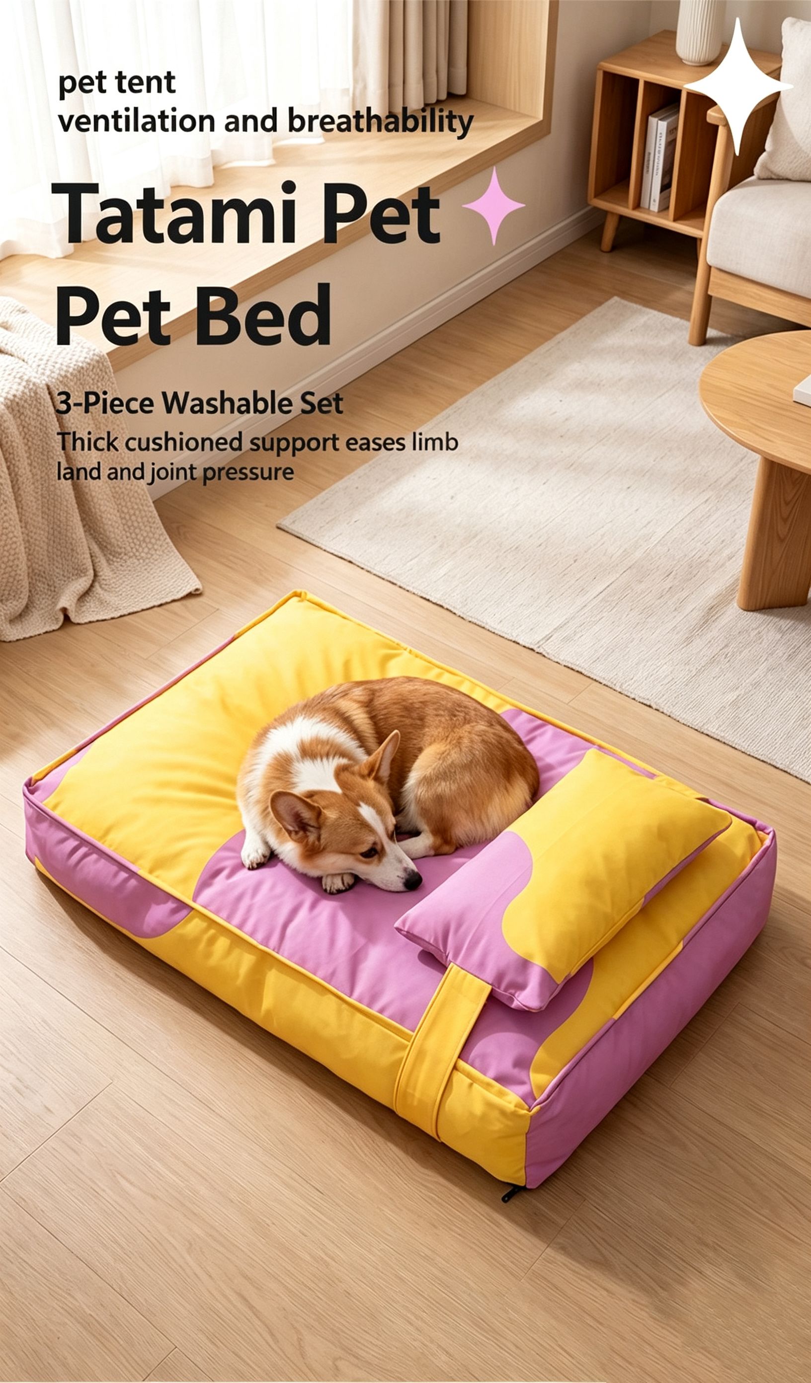 Three piece set of four season warm pet tatami pillows,Large Pink Blue view 2