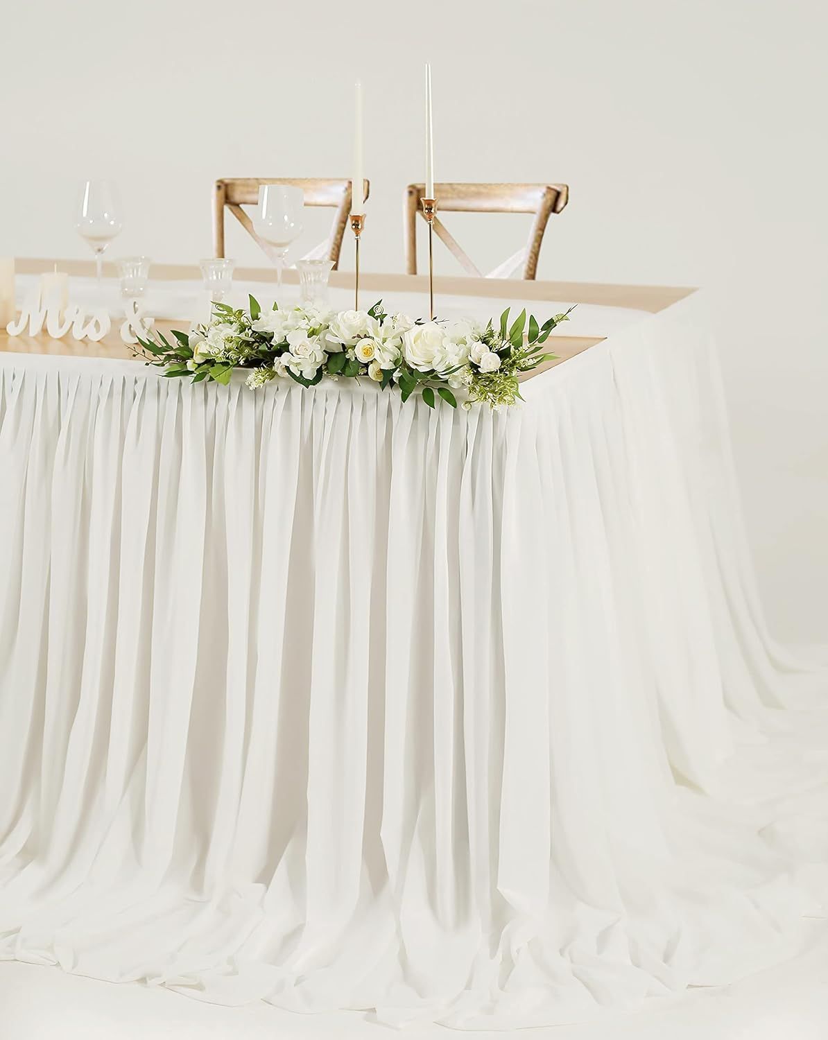 4TF Extra Long White Chiffon Table Skirt with Pooling Tulle Tablecloth for Wedding view 4