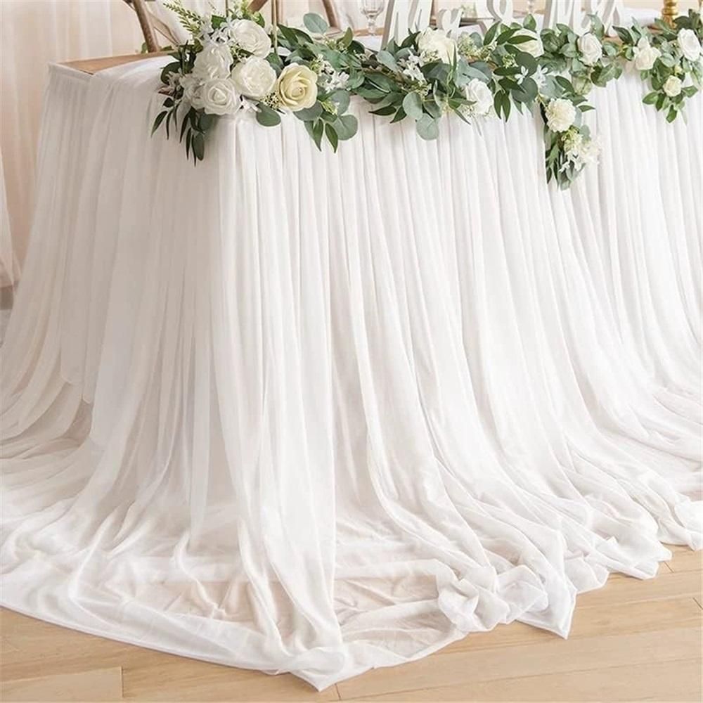 4TF Extra Long White Chiffon Table Skirt with Pooling Tulle Tablecloth for Wedding view 5