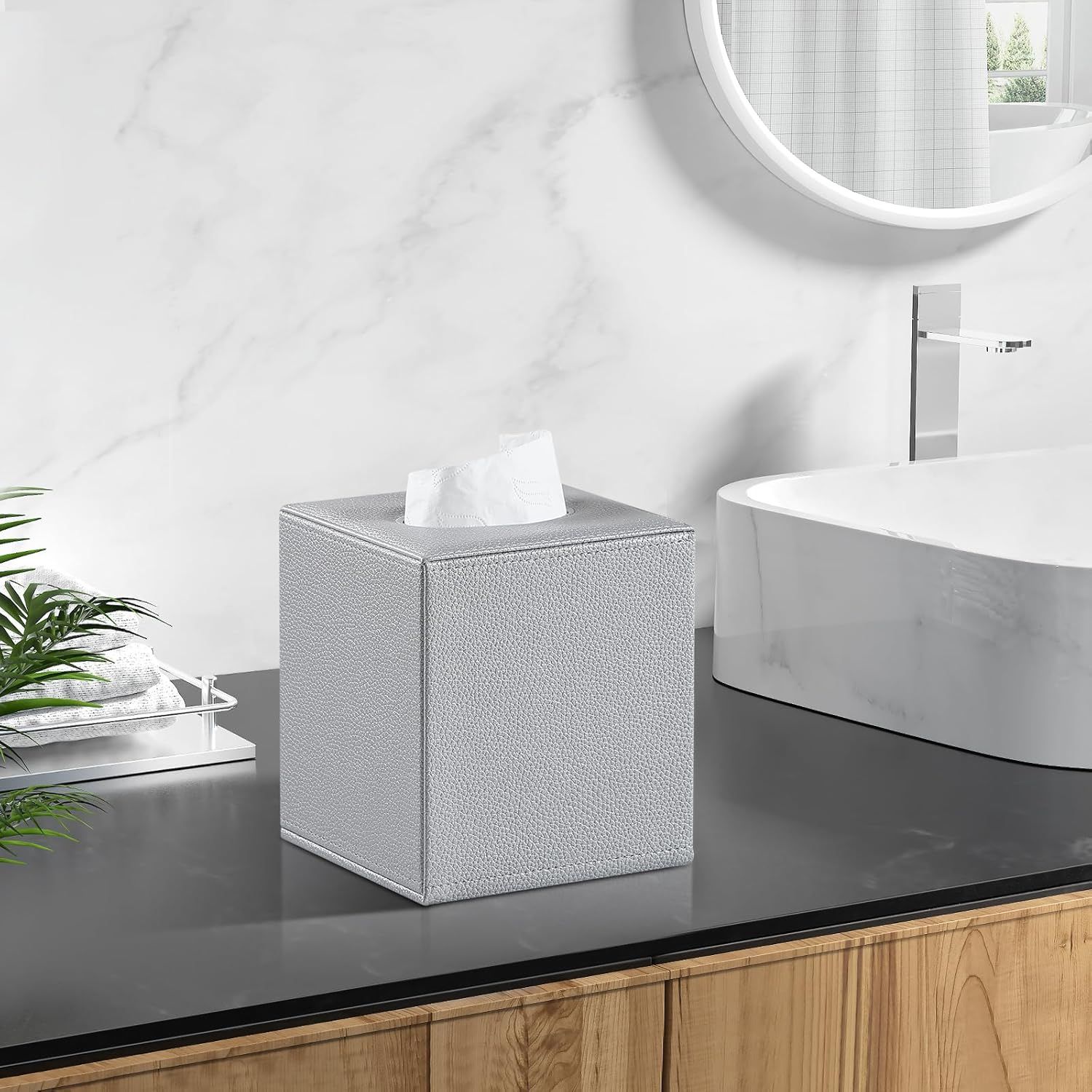 PU Leather Tissue Box Cover Square Tissue Box Holder with Magnetic Closure view 2