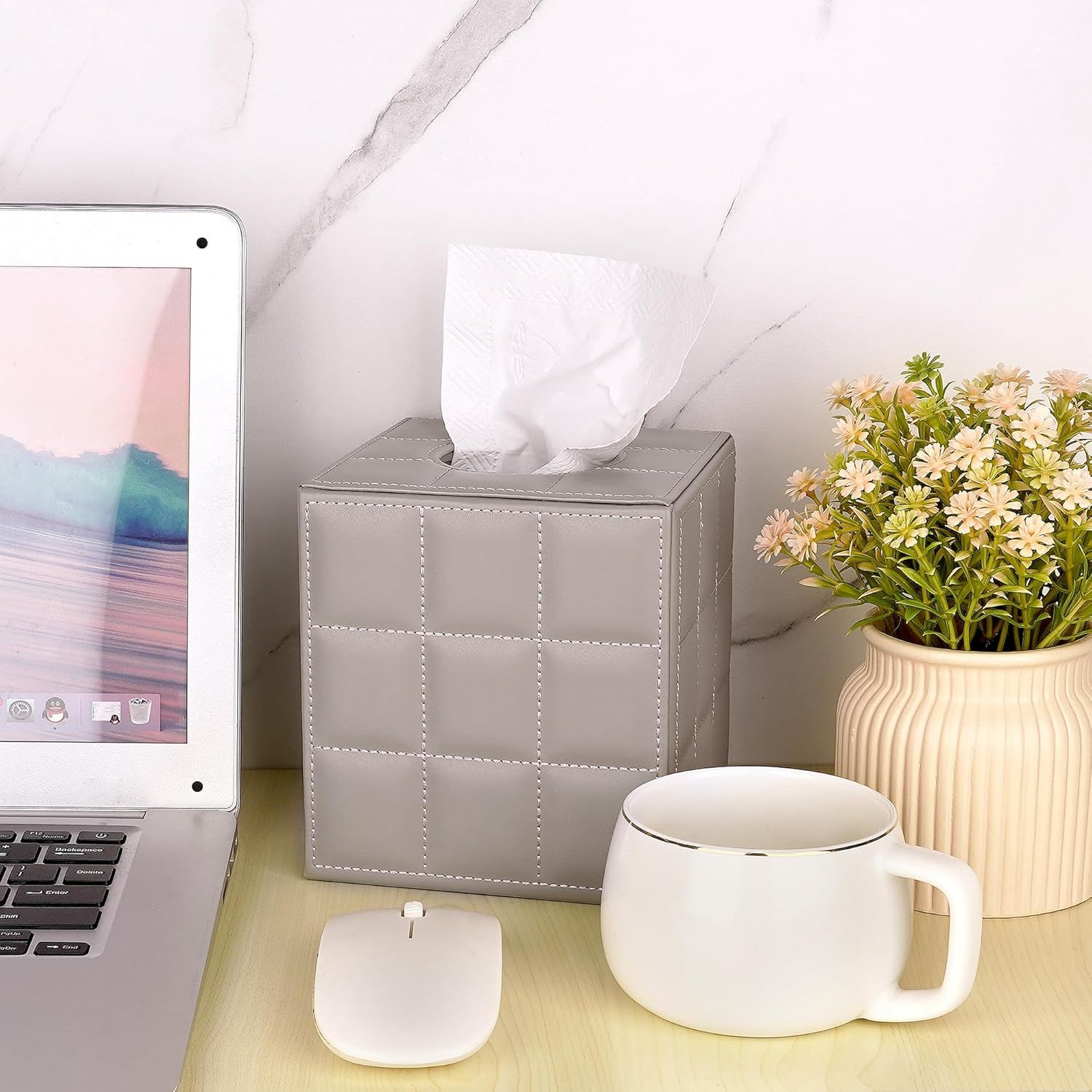 Tissue Box Cover Square Tissue Box Stylish PU Tissue Box Holder with Magnetic view 2