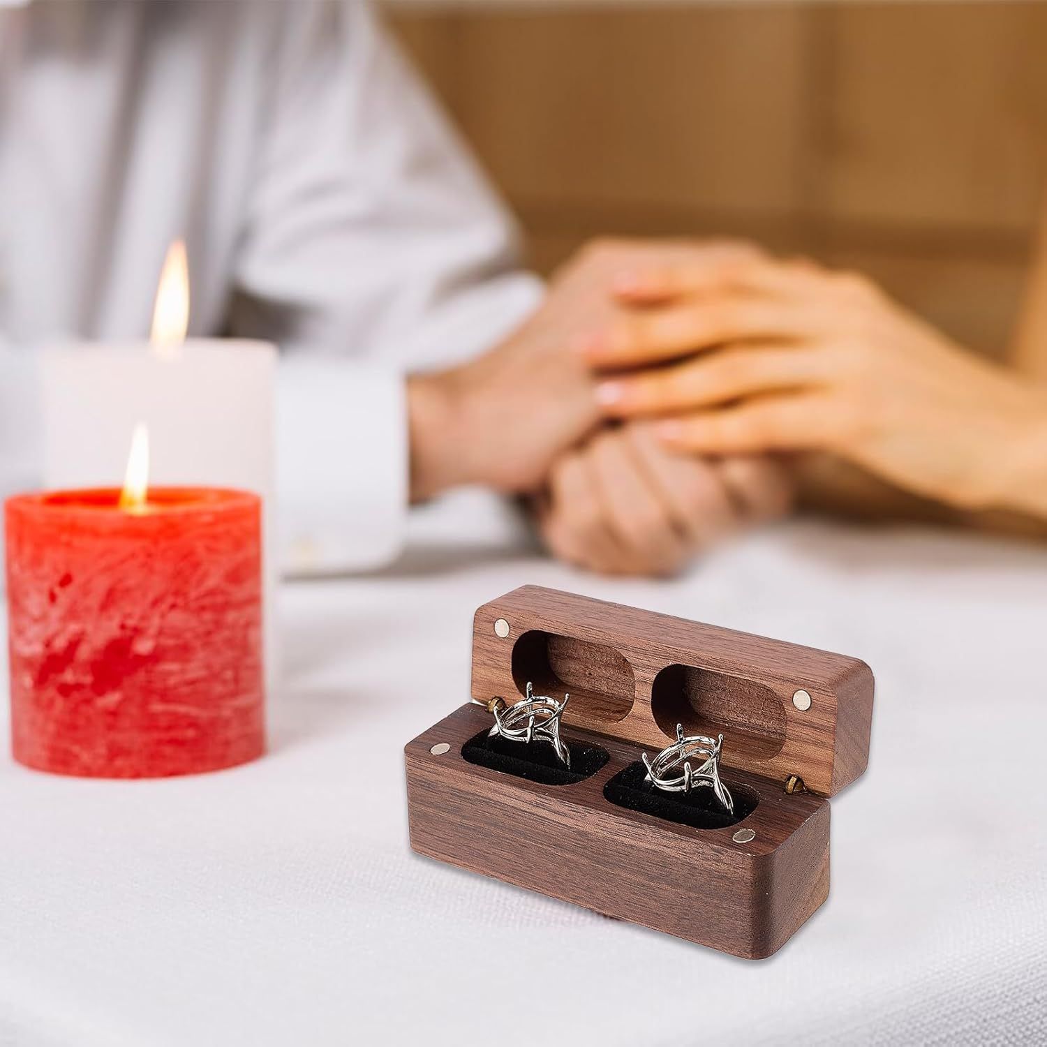Double Ring Box - Slim Wooden Ring Case Box for Wedding Ceremony Engagement view 5