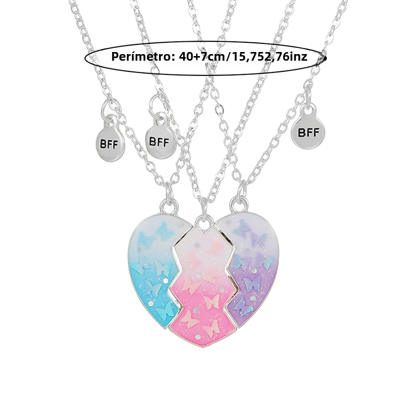 3Pcs/set Silver Heart Necklaces with Butterflies and Glitter for Girls Friends view 2
