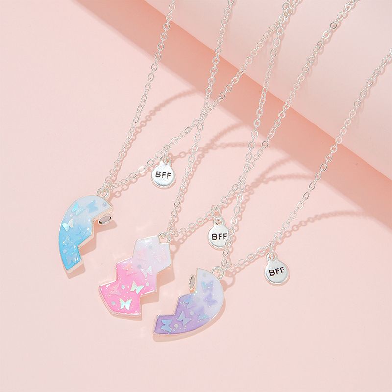 3Pcs/set Silver Heart Necklaces with Butterflies and Glitter for Girls Friends view 5