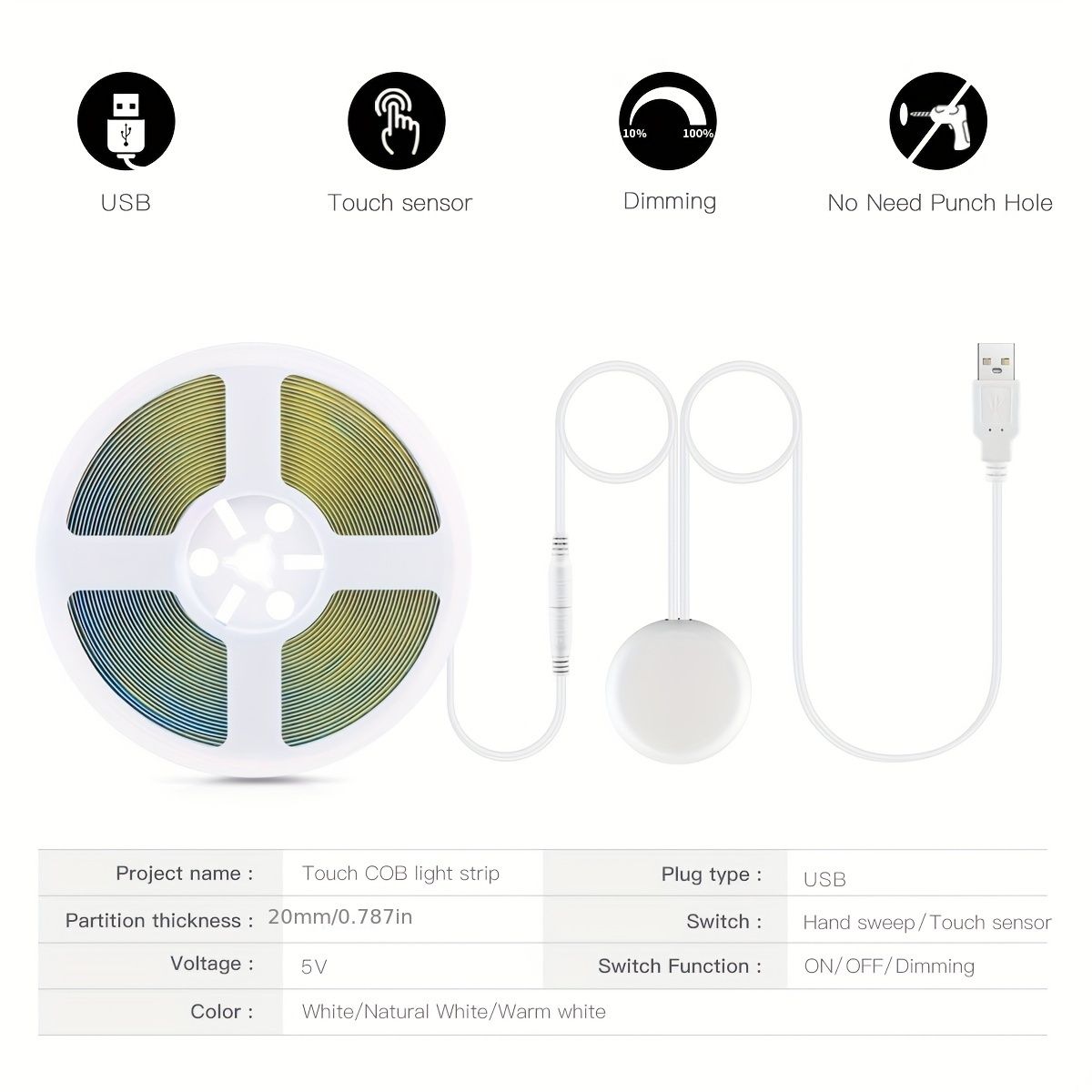 5V COB LED Strip Light with Hand-Sweep Motion Sensor And Touch Dimming Switch view 4