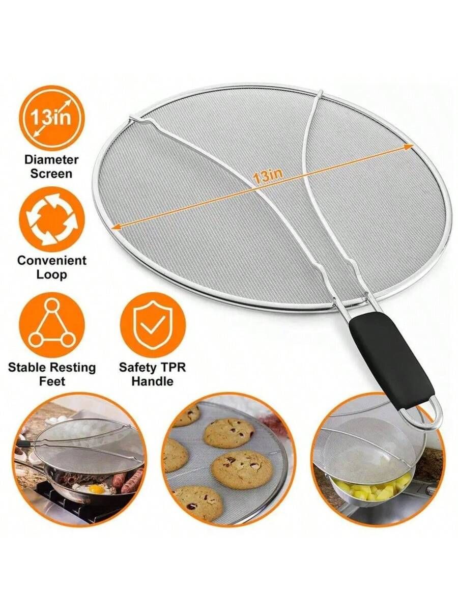 13 Inch Stainless Steel Oil Splatter Sieve Frying Pan Fine Mesh Prevent Hot view 2