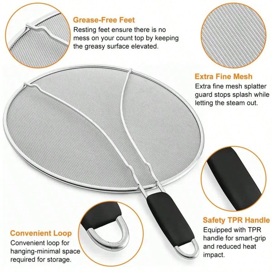 13 Inch Stainless Steel Oil Splatter Sieve Frying Pan Fine Mesh Prevent Hot view 3