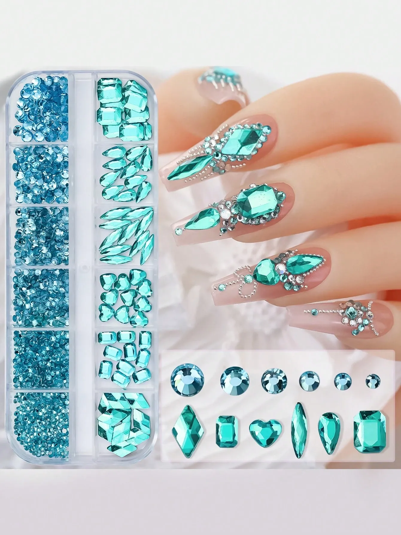 Multi Size Lake Blue Nail Rhinestones K9 Round Square Crystals Diamond Gem For view 2