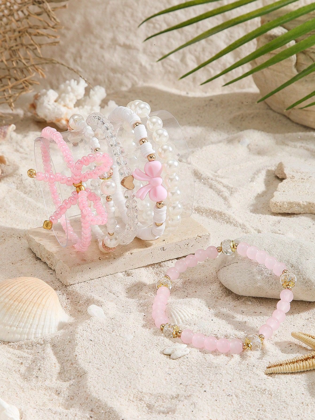 6pcs Set Cute Faux Pearl Crystal Beaded Bowknot Bracelet Set For Girls view 3