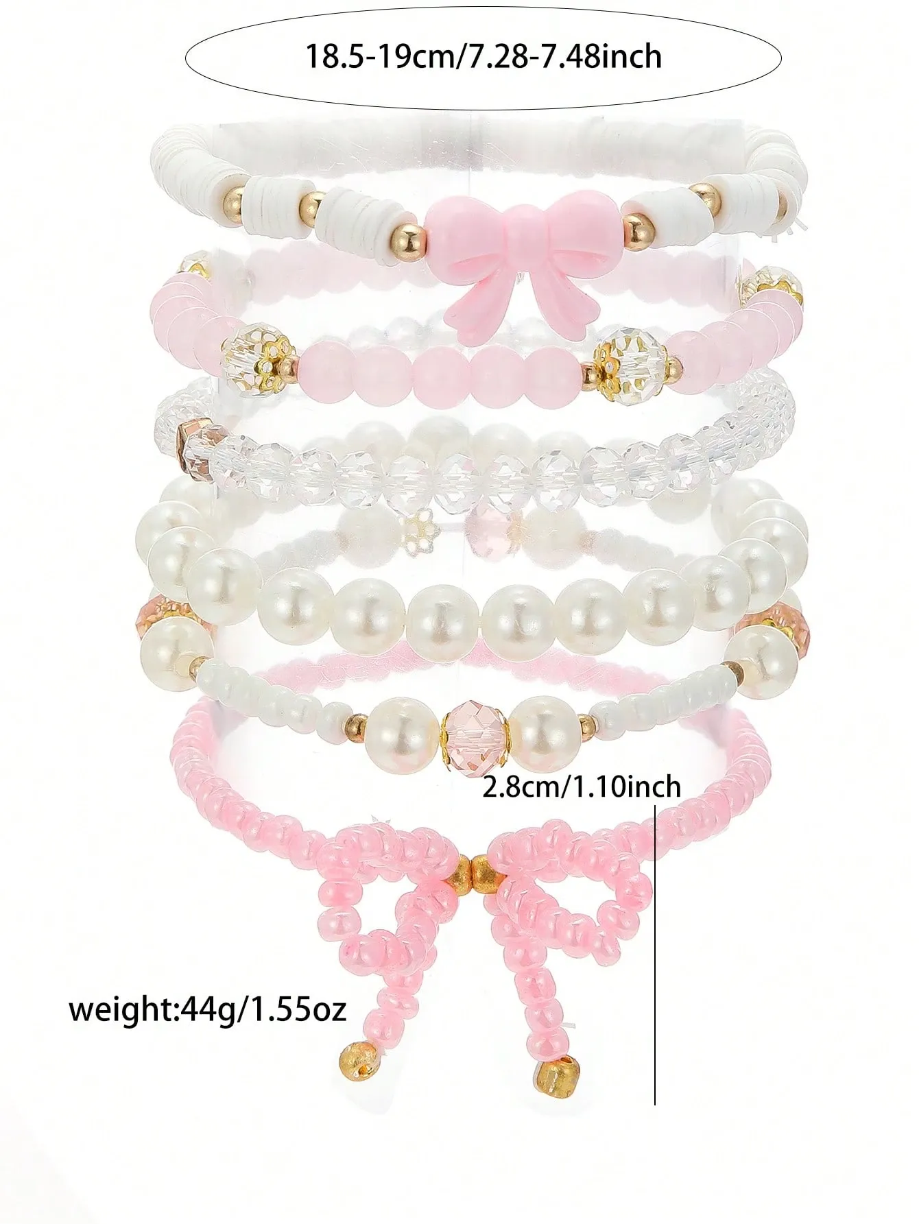 6pcs Set Cute Faux Pearl Crystal Beaded Bowknot Bracelet Set For Girls view 4