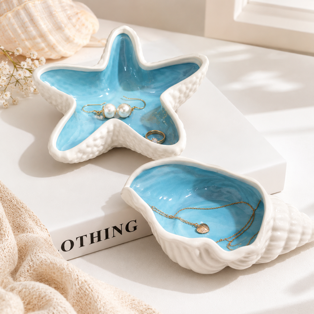 Conch+Starfish Shape Ceramic Jewelry Tray