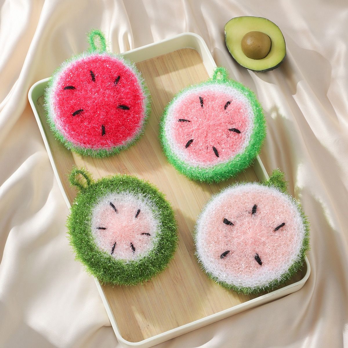 4pcs Random Color Watermelon Dishwashing Brush Acrylic Dishwashing Towel Round — image 1