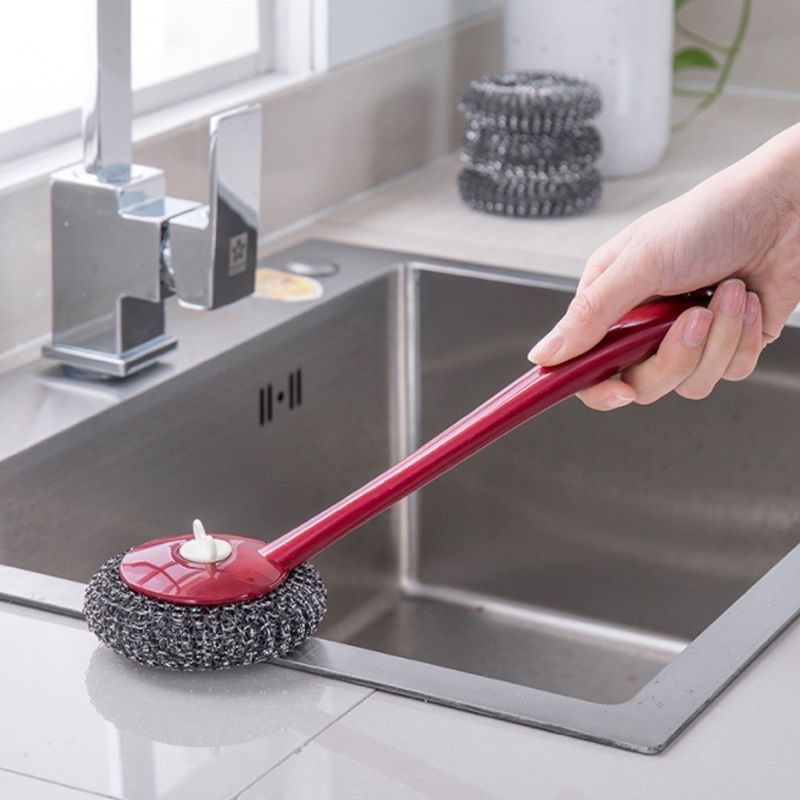 Long Handle Wire Cleaning Balls Steel Wool Pan Sponge Metal Dish Scrubber Pot view 2