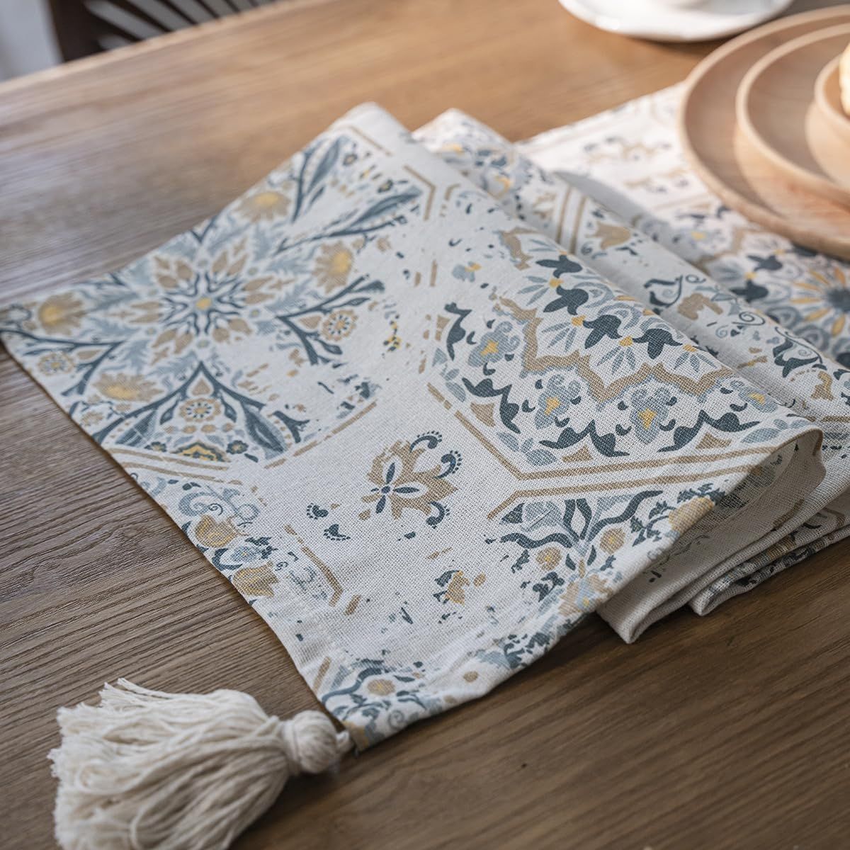 Vintage Tile Print Table Runner with Tassels Farmhouse Rustic Table Runner for — image 1