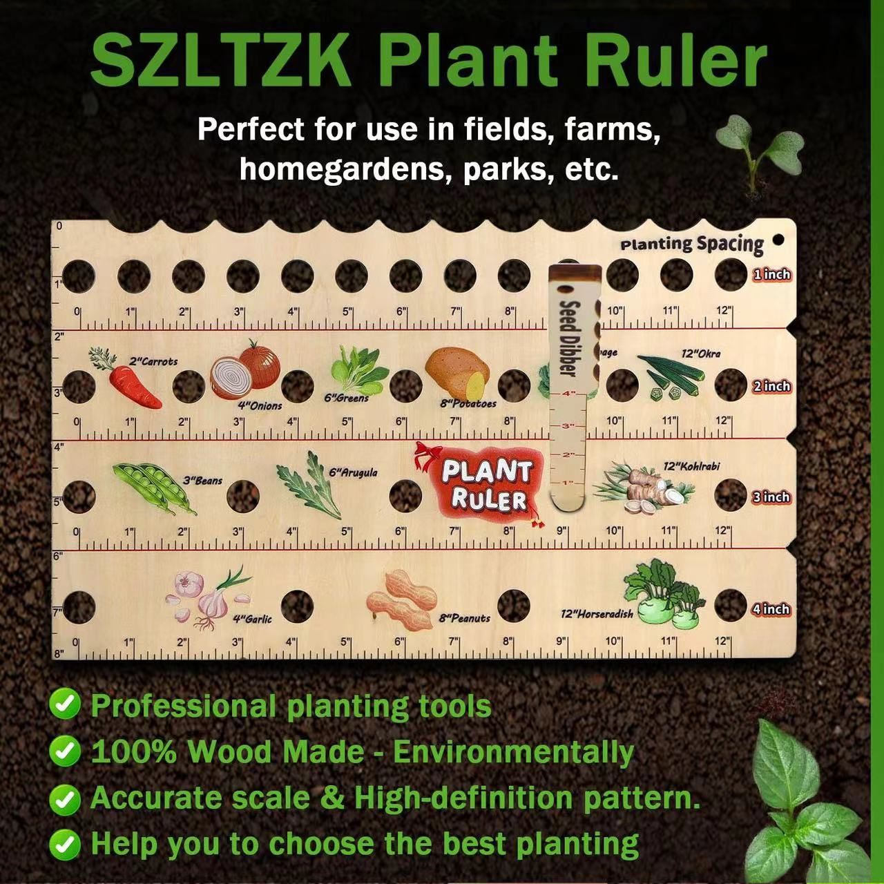 Wooden Plant Ruler with Seed Multifunction Seed Spacing Ruler with Planting view 2