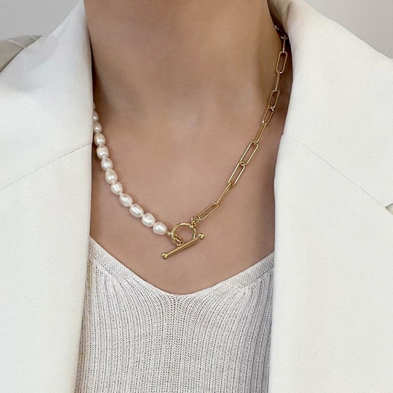 Pearl Necklace Vintage Chunky Link Chain Cultured Pearls Choker Fashion Retro view 3