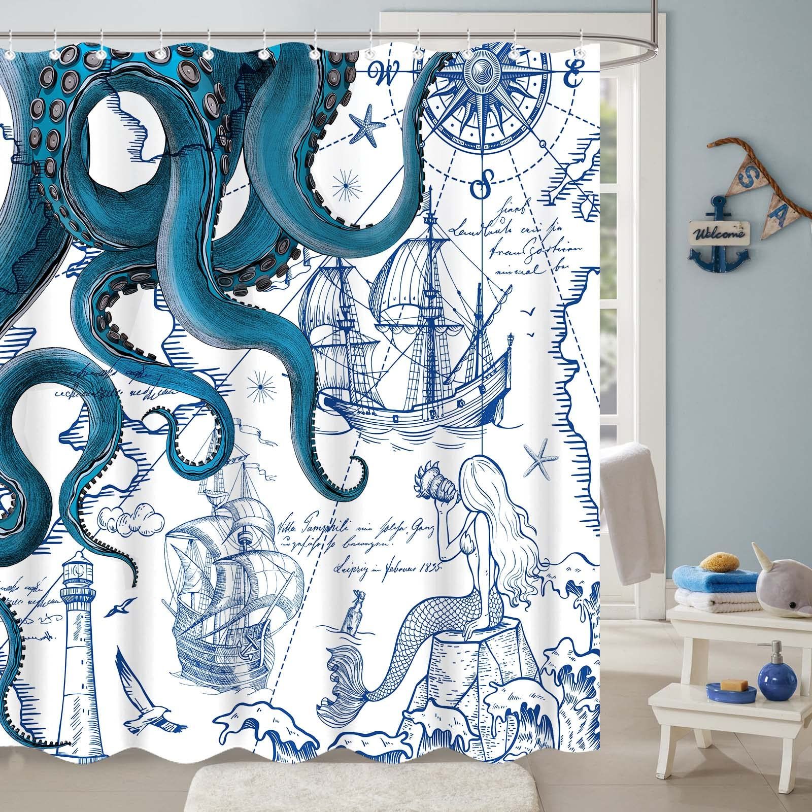 Blue Nautical Octopus Shower Curtain Navy Mermaid Funny Ocean Kraken Shower view 3
