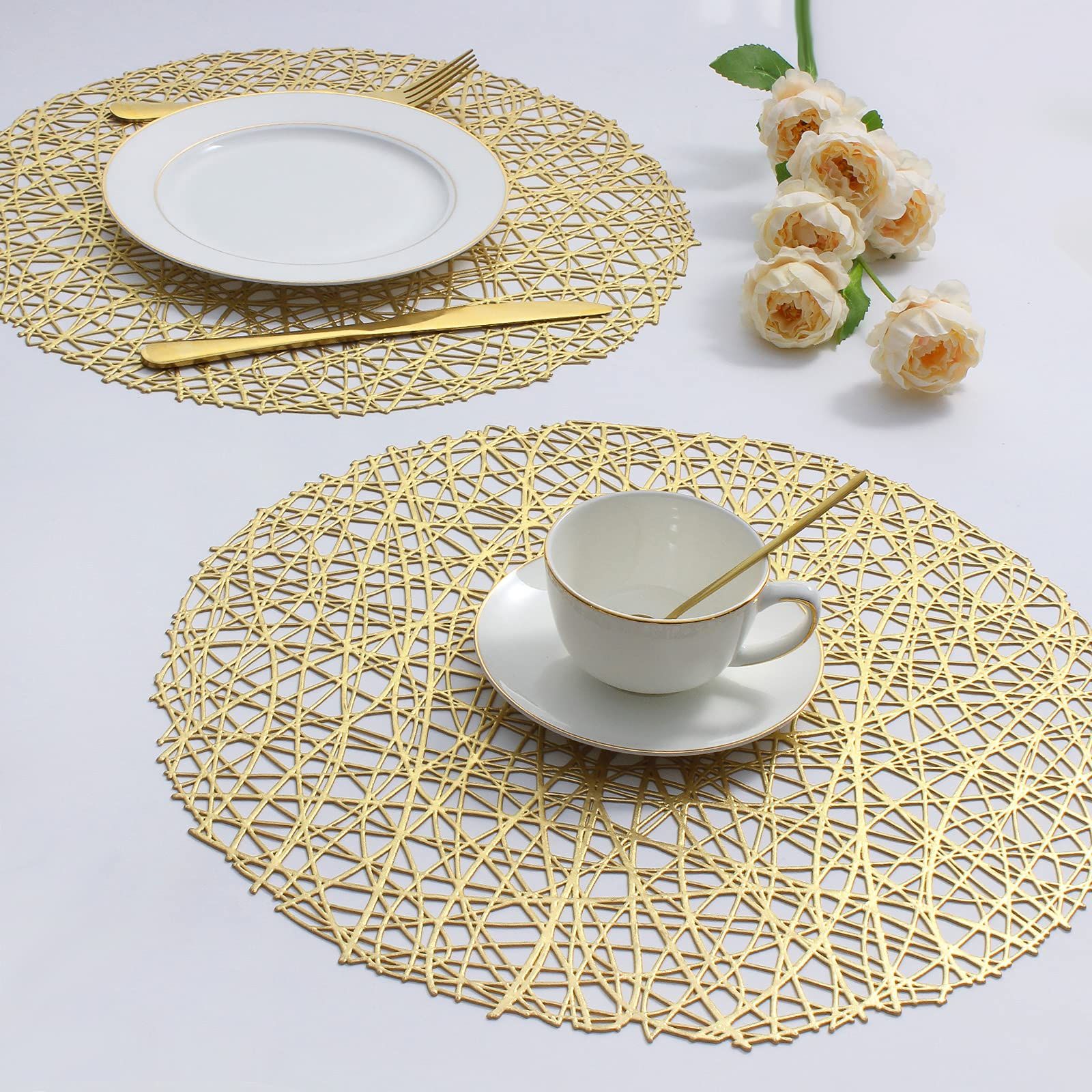 Gold Round Placemats for Dining Table Set of 6 Metallic Pressed Vinyl Circle — image 1