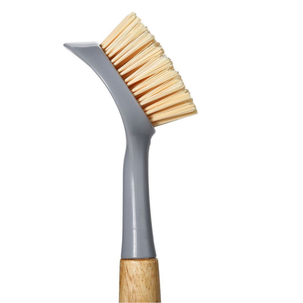 2 Pack Kitchen Dish Brush Bamboo Handle Dish Scrubber Built-in Scraper — image 1
